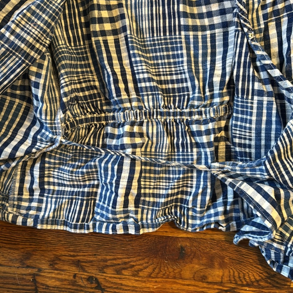 J. CREW Women's Puff Sleeve Wrap Top Indigo Patchwork Blouse 100% Cotton Size XL - Picture 13 of 16
